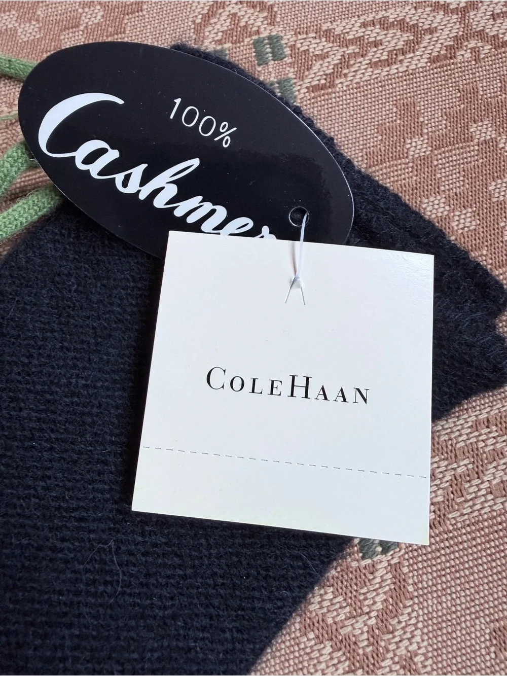 Cole Haan 100% Cashmere Fringe Gloves Black w/ Green Tassels NWT